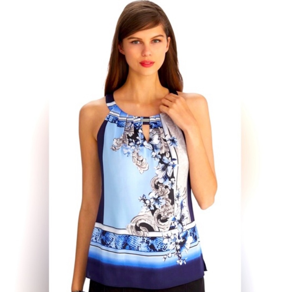 White House Black Market Blue Floral Halter Neck Blouse